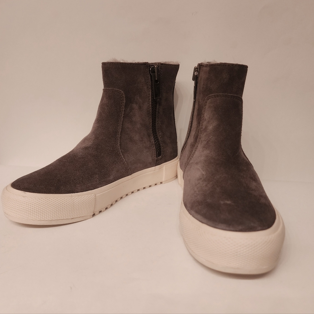 FRYE Gia Lug Shearling Suede Double Zip Boots In Grigio Gray Size 5.5 - Picture 4 of 16